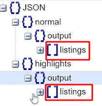 Estrutura do arquivo json utilizado no curso. Nele os arquivos json estão dispostos seguindo a seguinte estrutura JSON > normal > output > listings. A mesma estrutura de arquivos da coluna “normal” também encontra-se na coluna “highlights”. Esses arquivos são representados por chaves “{}” com exceção do listings que, por se tratar de uma lista é representado por colchetes 