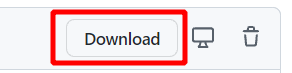 Imagem com fundo branco da opção de Download localizada no GitHub. Essa opção está destacada por um retângulo vermelho, e logo após ela existem dois símbolos: uma tela e uma lixeira