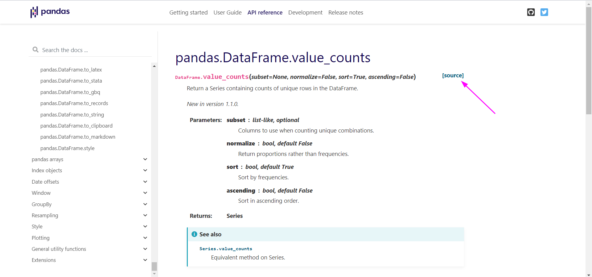 Imagem da primeira parte da documentação do value_counts onde existe uma seta rosa apontando para a opção source