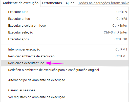 Imagem indicando onde deve-se clicar para reiniciar o ambiente de execução do Colab e executar todo o código