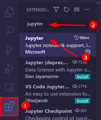 Seguindo o passo a passo descrito anteriormente, acessando a opção “extensions” pesquisando pelo termo “jupyter” e selecionando a primeira opção que aparece chamada “Jupyter”