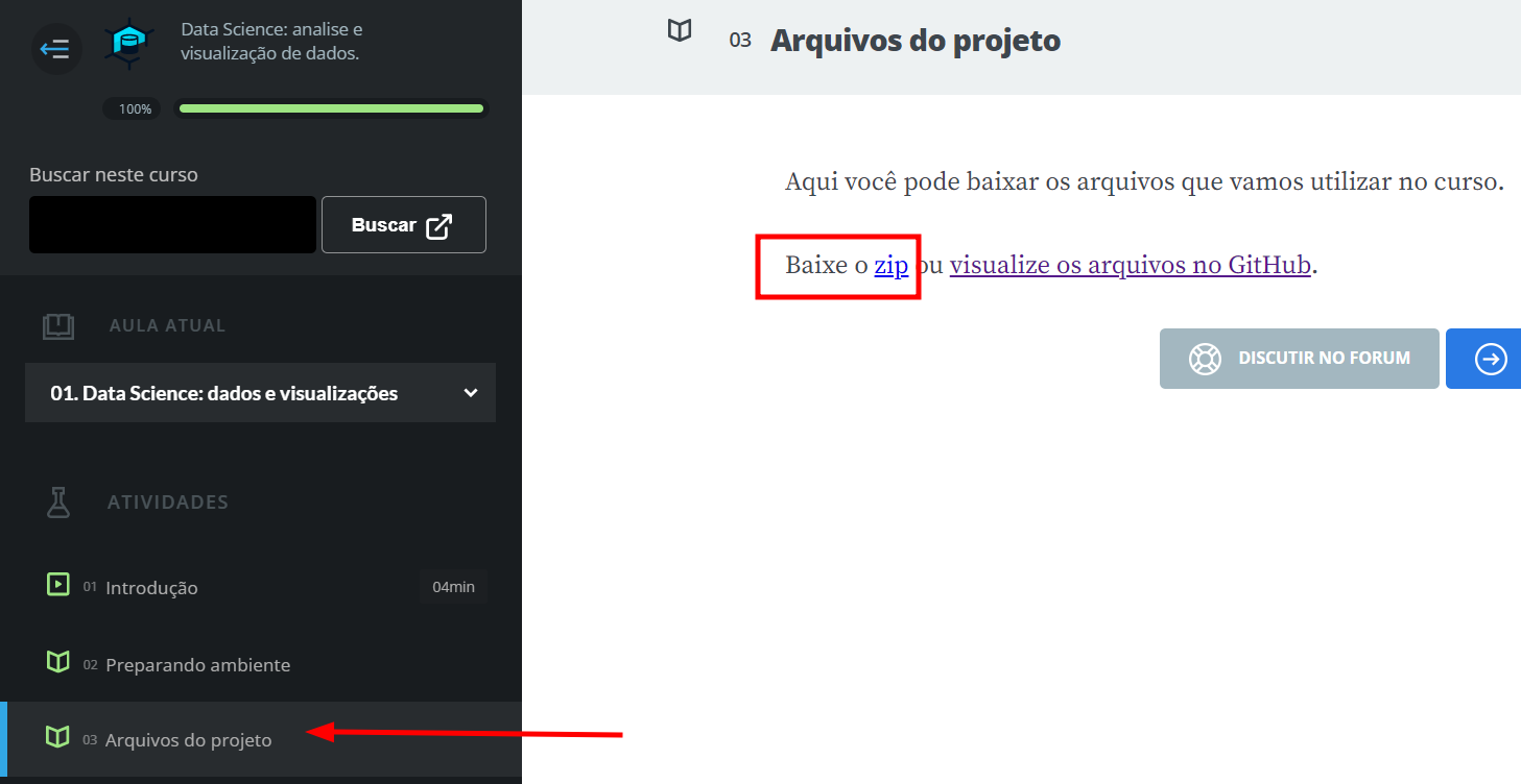 Atividade Arquivos do projeto da aula 1. Existe um quadrado vermelho destacando o hyperlink "zip"