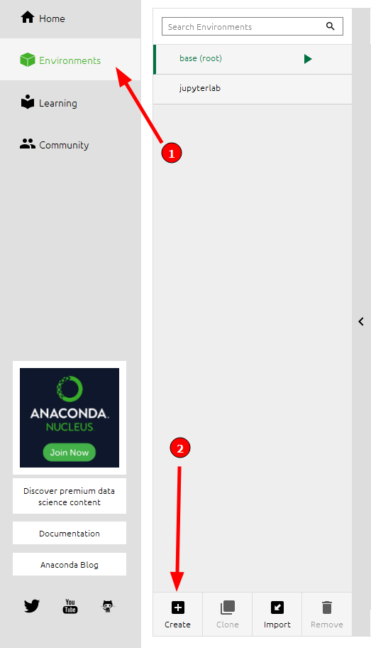 Imagem com fundo cinza da interface do anaconda. A segunda opção da barra lateral esquerda, chamada Environments, está destacada por uma seta vermelha e o número 1. Na barra localizada na parte inferior, a opção Create está destacada por uma seta vermelha e o número 2