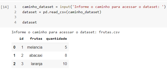 Executando a função mostrada anteriormente. Nessa função o usuário entra com o caminho “frutas.csv” e obtem como resultado um dataframe com 3 linhas e 3 colunas. Onde temos como colunas: id, frutas e quantidade