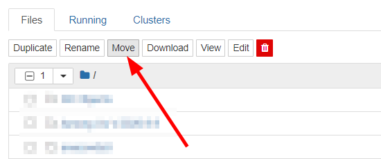 Barra de menu superior do jupyter com a opção Move destacada por uma seta vermelha