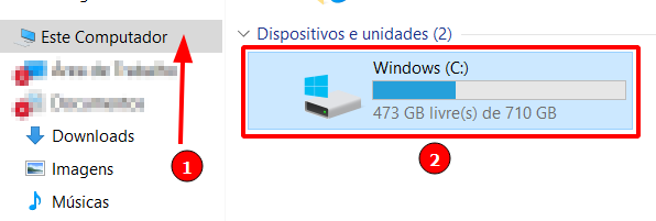 Diretórios de pastas. Onde a opção Este computador encontra-se destacada por uma seta vermelha e o número 1 e a opção Windows C: está destacada por um retângulo vermelho e o número 2