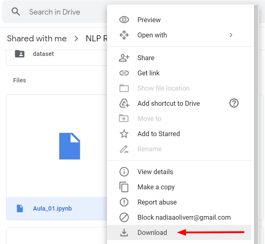 Imagem com fundo branco onde o arquivo Aula_01.ipynb foi selecionado com o botão direito do mouse e são apresentadas algumas opções. A opção Download está destacada por uma seta vermelha