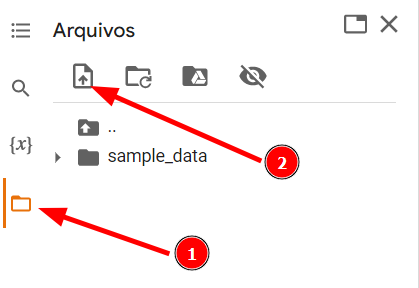 Print apresentando o passo a passo acima, com uma seta vermelha acompanhada pelo número 1 apontando pra aba "Arquivos" e outra seta com o número dois apontando pra opção de upload