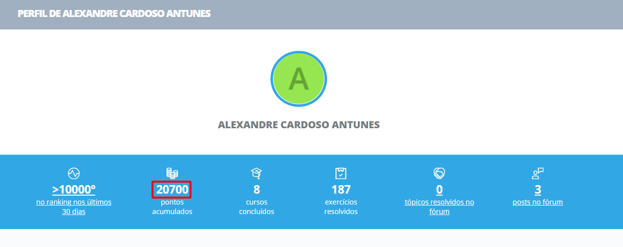 Página do perfil do aluno na alura com a quantidade de pontos 20700 destacado com um retângulo vermelho