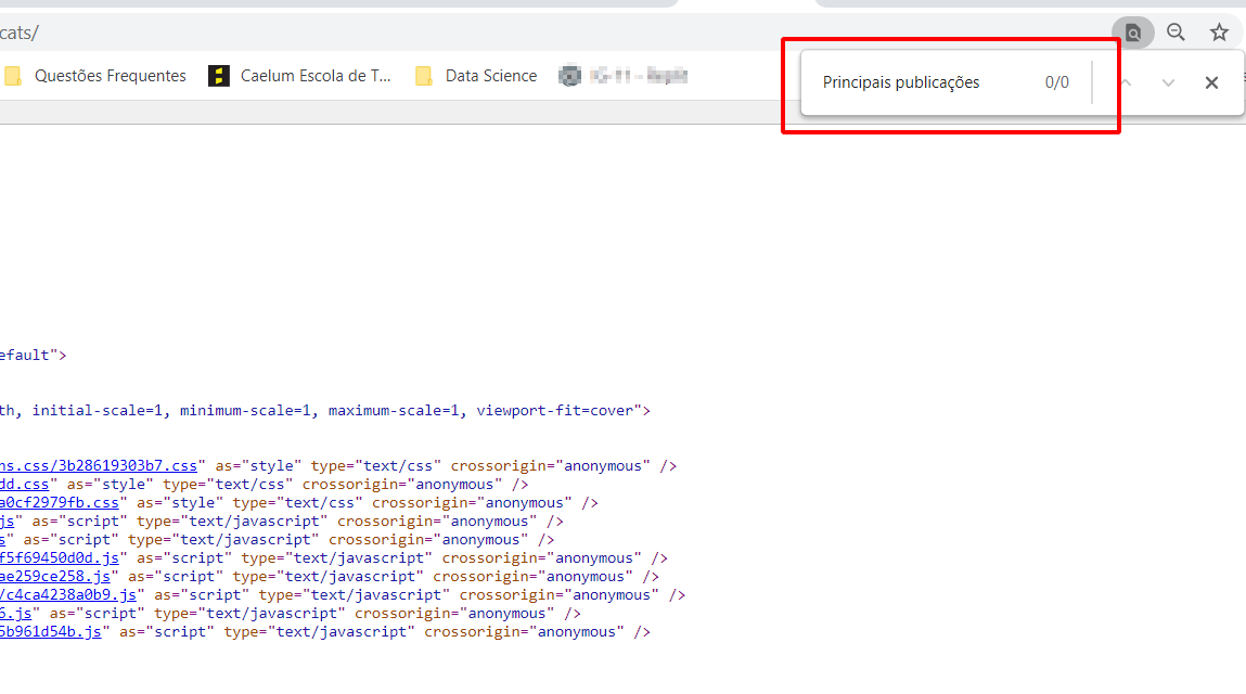 Código fonte da página #cats, com a barra de procura aberta para procurar o termo "Principais publicações"