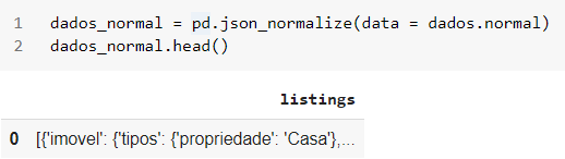 Executando o código da aula com o método json.normalize sendo utilizado para expandir o arquivo json apresentado na imagem anterior. Como resultado desse código tempo um dataframe de apenas uma linha de índice 0 e uma coluna chamada “listings” com alguns dicionários dispostos da seguinte forma: {‘imóvel’: {‘tipos’: {‘propriedade’: ‘Casa’}...