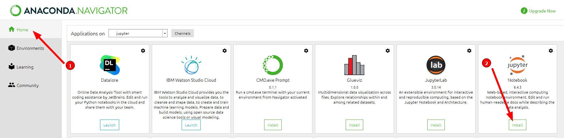 Imagem da interface do anaconda navigator com a primeira opção da barra lateral esquerda, Home, destacada por uma seta vermelha e o número 1 e a opção Install do Jupyter Notebook destacada por outra seta vermelha e o número 2