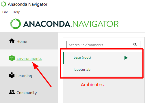 Interface do Anaconda, onde a opção Environments localizada no menu lateral esquerdo encontra-se destacada por uma seta vermelha e os ambientes apresentados estão destacados com um retângulo vermelho