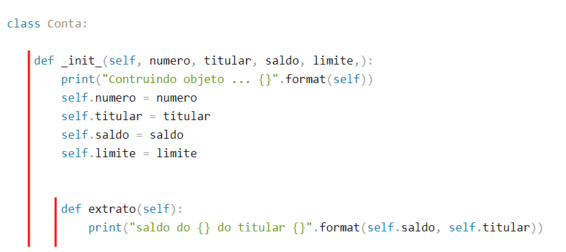 Código da aluna destacando que o método extrato está dentro da função init