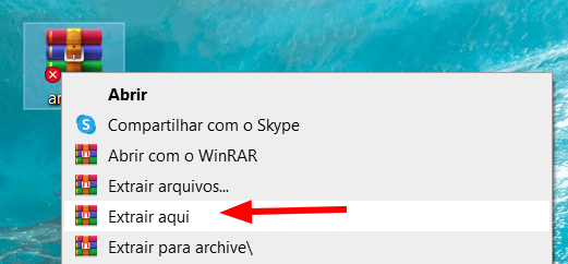 Imagem com fundo azul onde são apresentadas as opções após clicar com o botão direito do mouse em um arquivo no formato zip. A opção Extrair aqui encontra-se destacada por uma seta vermelha