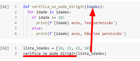 Imagem dos códigos acima em células do google colab com uma seta vermelha indicando que a variável lista_idades será passada para a variável lista da função verifica_se_pode_dirigir