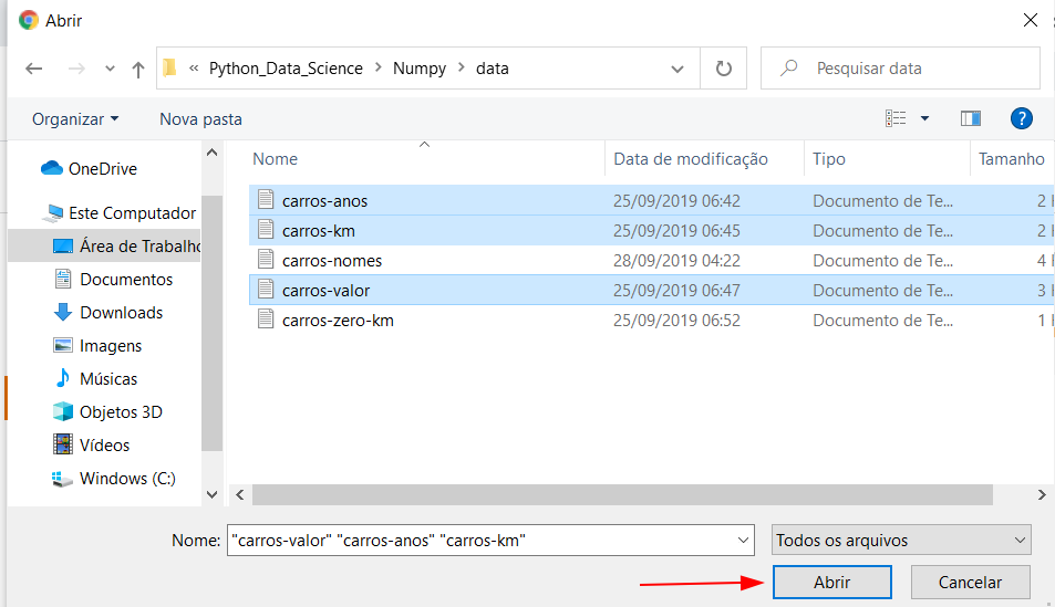 Imagem fazendo a seleção dos arquivos citados pelo aluno, com uma setinha vermelha apontando para a opção "Abrir"