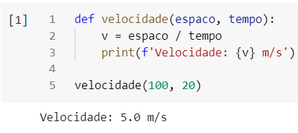 Código apresentado pelo aluno sendo executado em uma célula do Colab com o resultado igual a Velocidade: 5.0 m/s