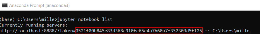 Prompt do anaconda na cor preta com o comando jupyter notebook list sendo executado e gerando um valor aleatório com diversos números e letras