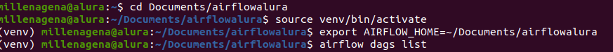 Alt text: print do terminal onde o comando airflow dags list está sendo executado