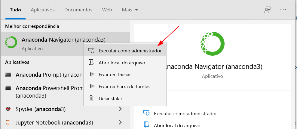 Imagem com uma setinha vermelha indicando a opção "Executar como administrador" ao clicar com o botão direito do mouse no Anaconda Navigator