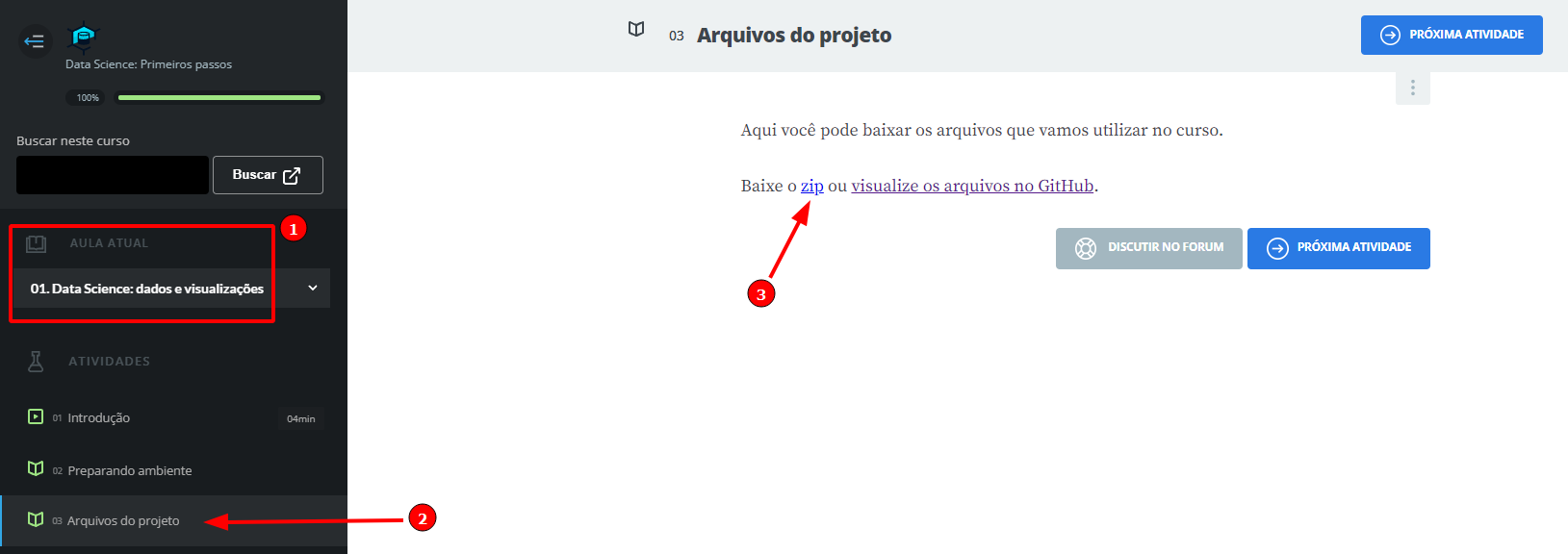 Imagem com fundo branco destacando a aula 1, parte 3 arquivos do projeto. Nessa parte, o link para baixar o arquivo zip encontra-se destacado por uma seta vermelha