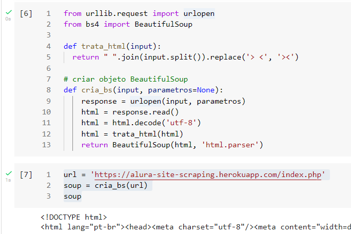 Célula do Google Colab na qual é executado o código mostrado anteriormente. Como resultado desse tópico encontra-se um html disposto em uma única linha