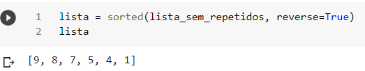 Imagem do colab onde os elementos da lista exemplo da primeira imagem são ordenados de forma decrescente utilizando o método sorted