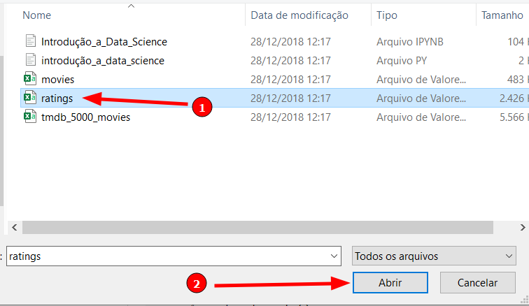 Arquivos do curso dispostos em uma pasta. O arquivo ratings encontra-se destacado com uma seta e o número 1. Mais embaixo, a opção abrir também encontra-se destacada com uma seta e o número 2