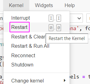 Imagem indicando onde se localiza a opção para reiniciar o kernel no jupyter notebook