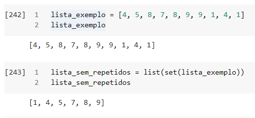 Imagem do google colab, onde foi criada uma lista de exemplo contendo números aleatórios e repetidos. Utilizou-se o método set nessa lista para mostrar que esse método além de tirar os elementos repetidos também ordena eles em ordem crescente