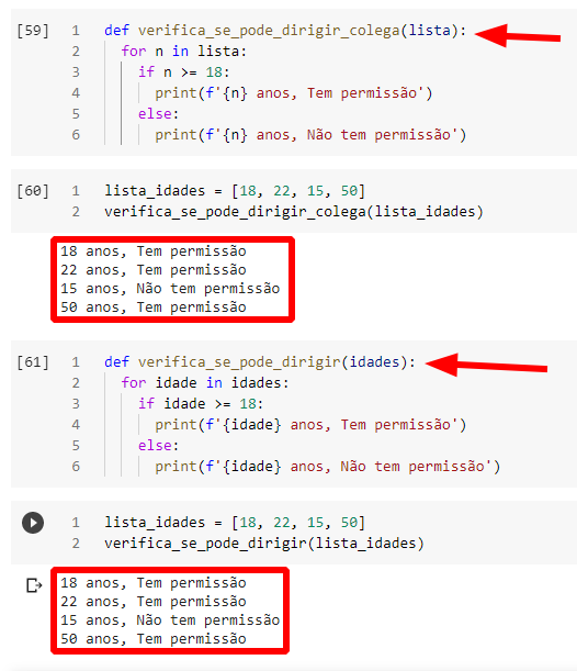 Imagem da função mostrada pelo aluno e da função apresentada nesse tópico. As funções foram executadas no google colab, com a lista_idades sendo passada como parâmetro e ambas tiveram o mesmo resultado