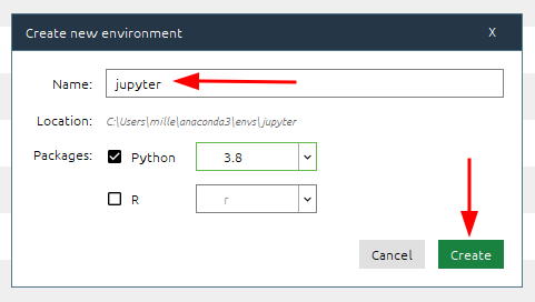 Imagem com fundo branco apresentando a tela de criação de um novo ambiente. Esse ambiente possui o nome jupyter que está destacado com uma seta vermelha. A opção Create que está na cor verde, também encontra-se destacada por uma seta vermelha