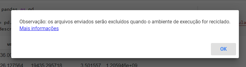 Tela com o aviso "Observação: os arquivos enviados serão excluídos quando o ambiente de execução for reciclado"