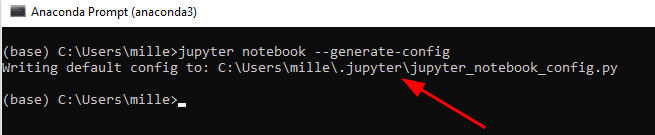 Imagem com fundo preto apresentando o Anaconda Prompt. Nesse prompt está sendo executado o comando jupyter notebook --generate-config