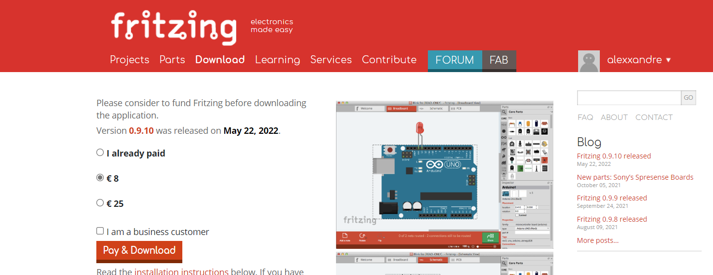 página de download gratuito do fritzing liberada após o cadastro