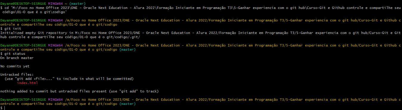 Tela do git bash com o exercício proposto do módulo da primeira aula o que é o git