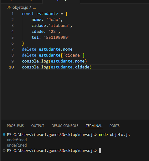 Imagem sobre as informações que estão colocadas no formato de objeto, com duas maneiras de utilizar o delete, e o console.log para ser exibido as informações após o delete