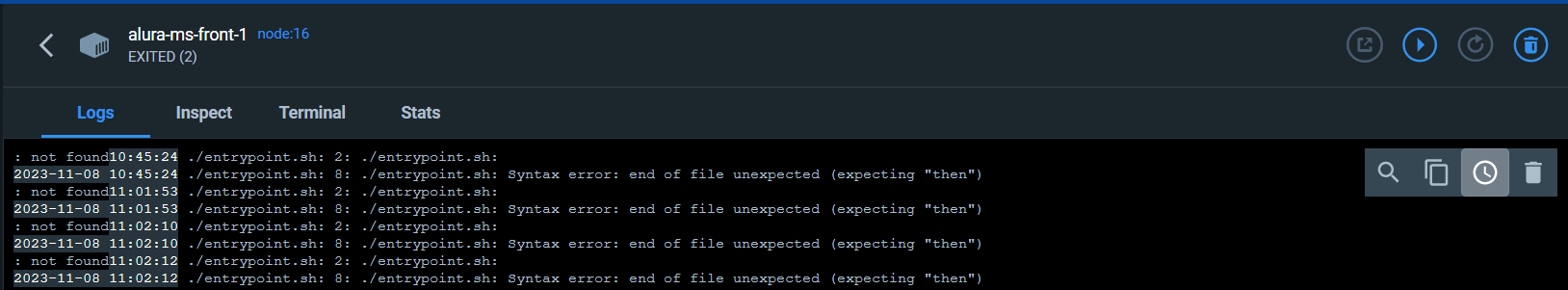docker-desktop-logs-entrypoint.sh:2: ./entrypoint.sh: Sintax error: end of file unexpected expecting "then"