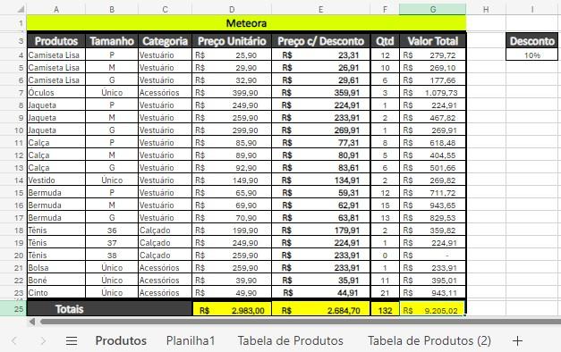 Projeto final da planilha de Excel