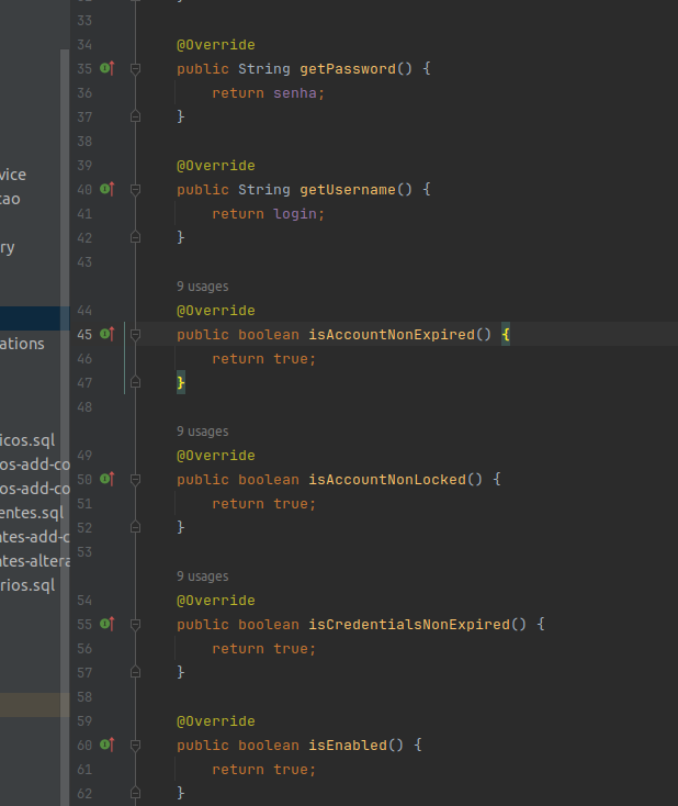 Imagem mostrando parte do código na entidade Usuário, que estava o erro. Era esperado true e estava false