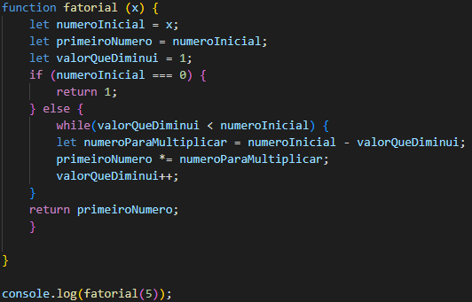 Criando uma função que calcula o valor do fatorial de um número passado como parâmetro.