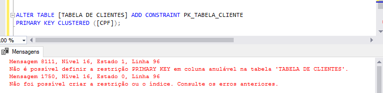 Código ALTER TABLE igual a aula porem com erro na execução