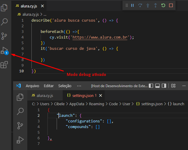 Imagem VS Code com modo debug ativado