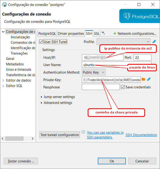 Configuração de conexão para PostgreSQL no DBeaver - Aba SSH