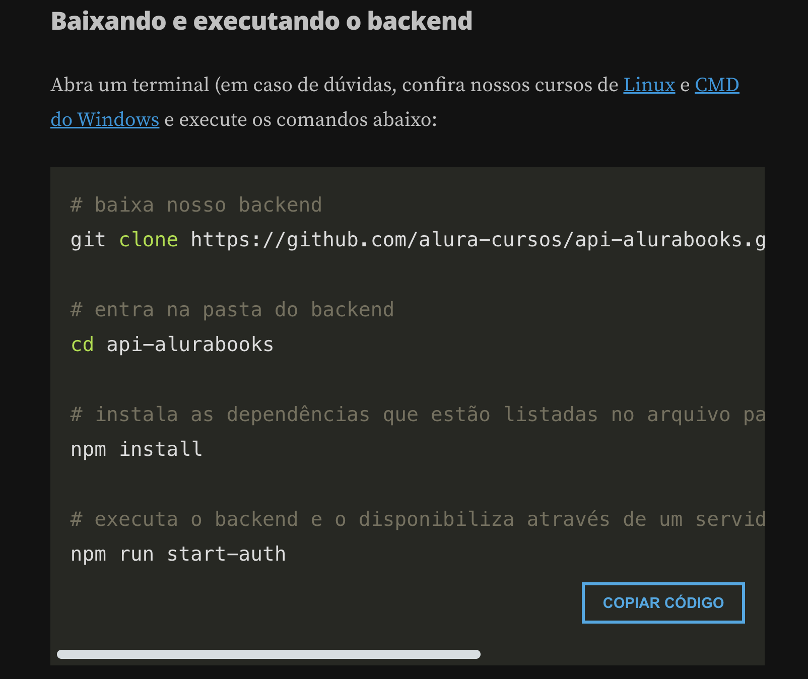 Imagem comandos utilizados para instalar back-end