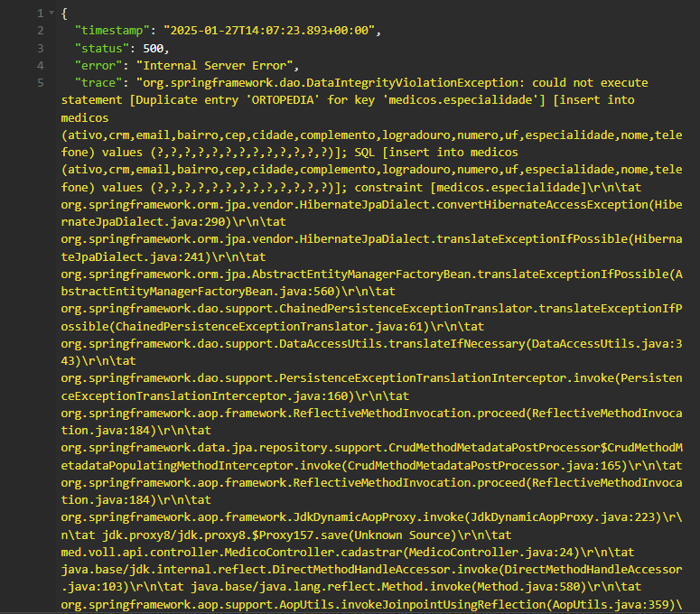 could not execute statement [Duplicate entry 'ORTOPEDIA' for key 'medicos.especialidade']