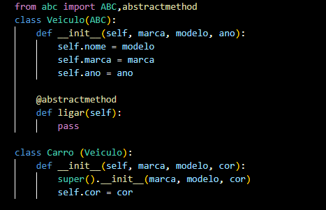 Imagem com o fundo preto retirado do VSCode com a criação de uma class Veiculo e uma class Carro