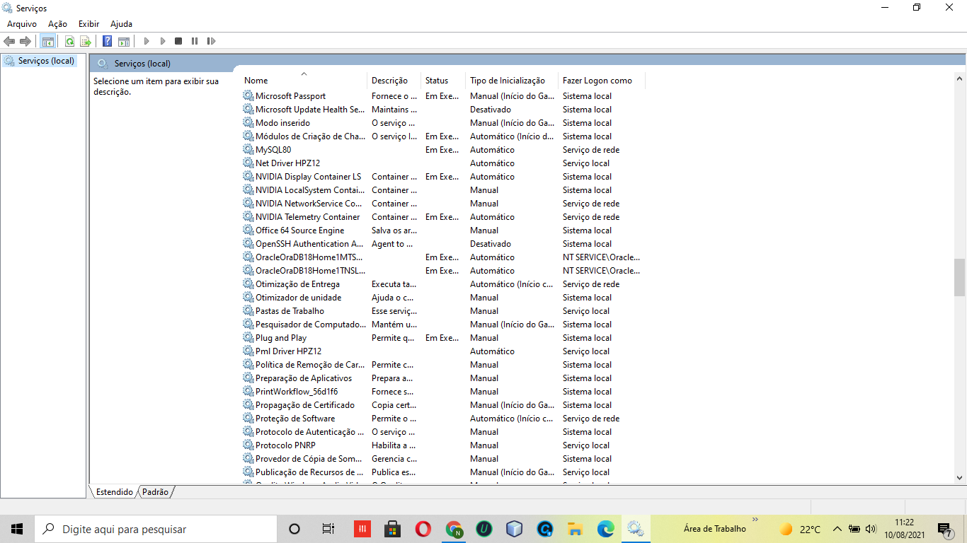 Tela 7: Meu computador->Servicos, pesquisei no you tube mas nao tenho o servico OracleServicesORCL para habilitar a sua  execução,