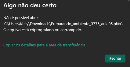 Janela de notificação de erro ao tentar abrir o projeto final